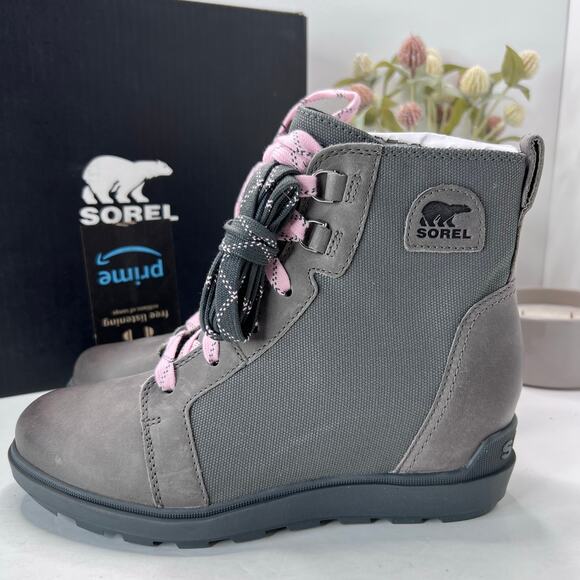 Sorel Evie II NW Lace Suede Bootie Waterproof Wedge Quarry, Grill Women's 9 NWB - Picture 1 of 10